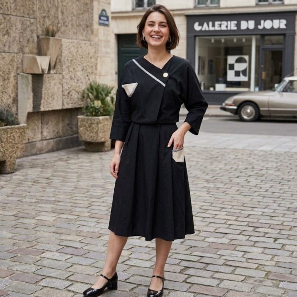 Vintage 60s Kimono Dress Black Asymmetrical Rockabilly Midi Dress Art to Wear